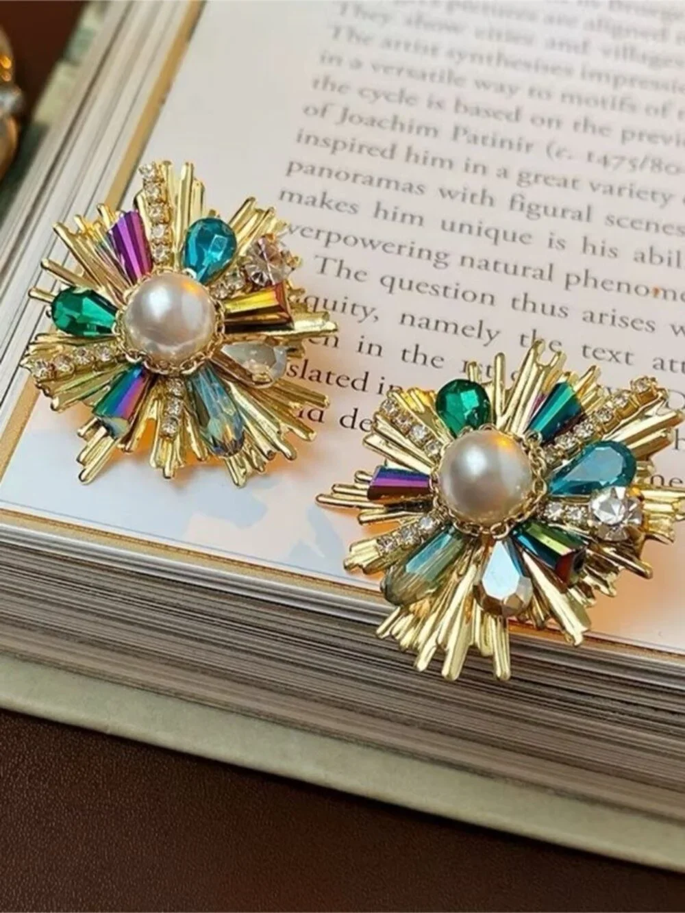Gold Earrings with Pearl & Green-Blue Crystal Accents